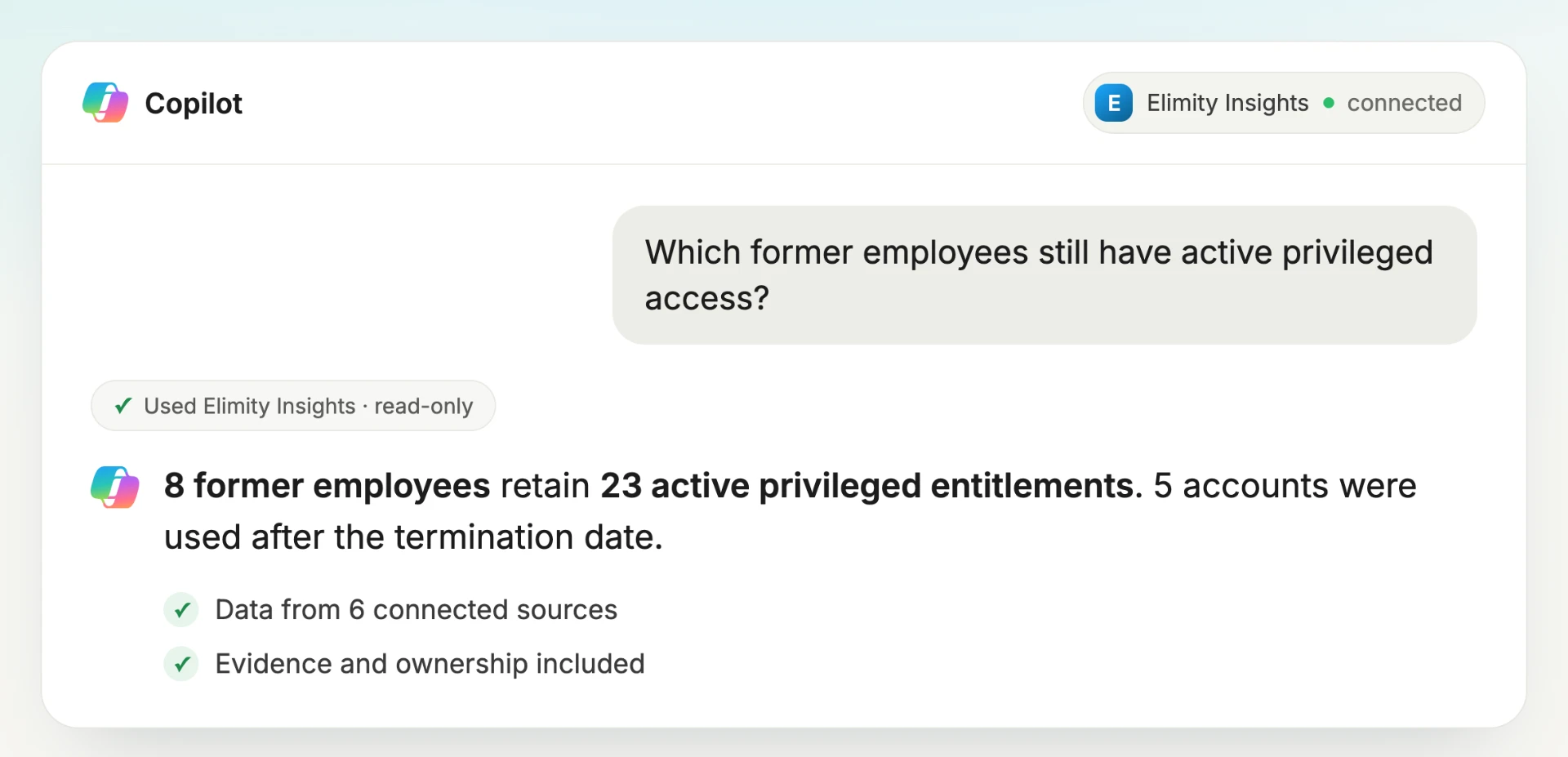 Example Copilot session connected to Elimity Insights, answering which former employees still have active privileged access