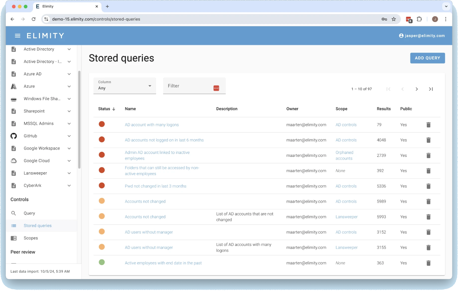 Elimity platform showing stored access control queries across Active Directory, Azure AD and other connected systems